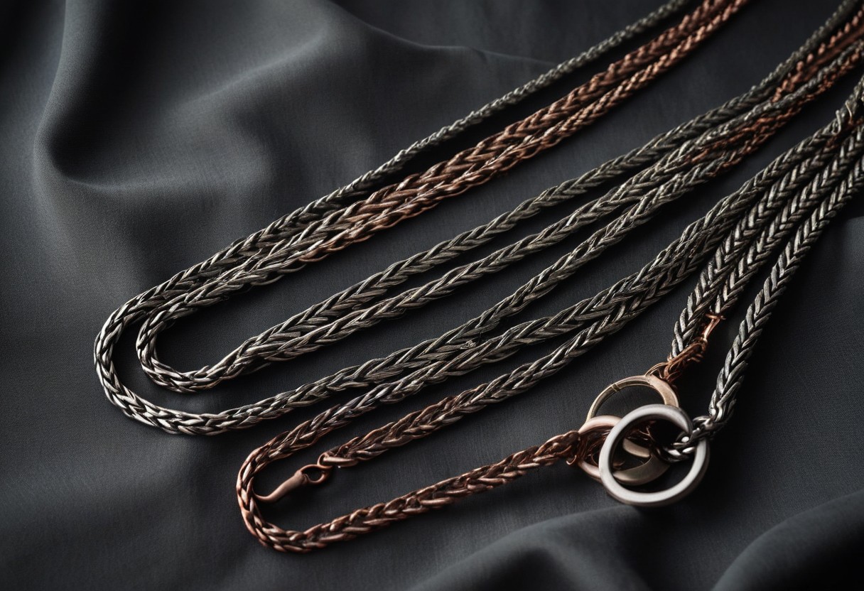 Three silver chains of equal length woven together, resting on pale gray silk with gentle folds, lit by a single warm lamp against a dark background.
