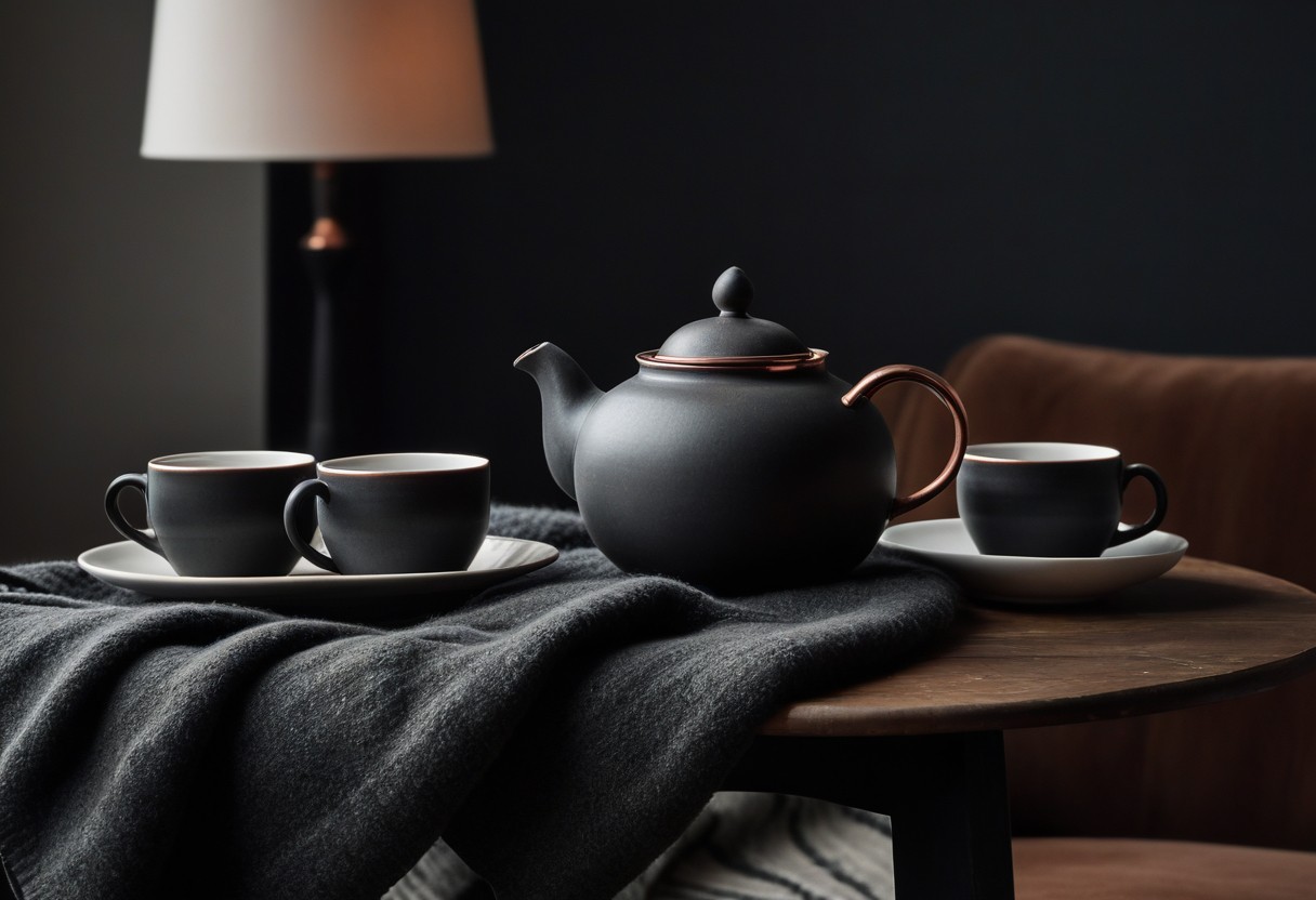 A ceramic teapot and two mismatched cups sit on a low table; a folded cashmere blanket rests on the sofa behind.