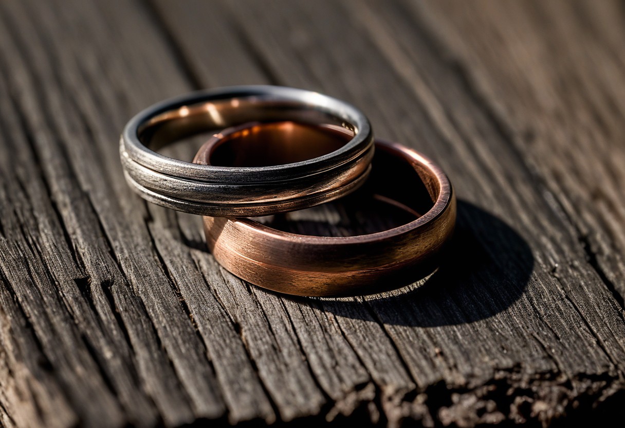 Two gold wedding bands rest side by side on gray weathered wood, their shadows overlapping beneath soft light.