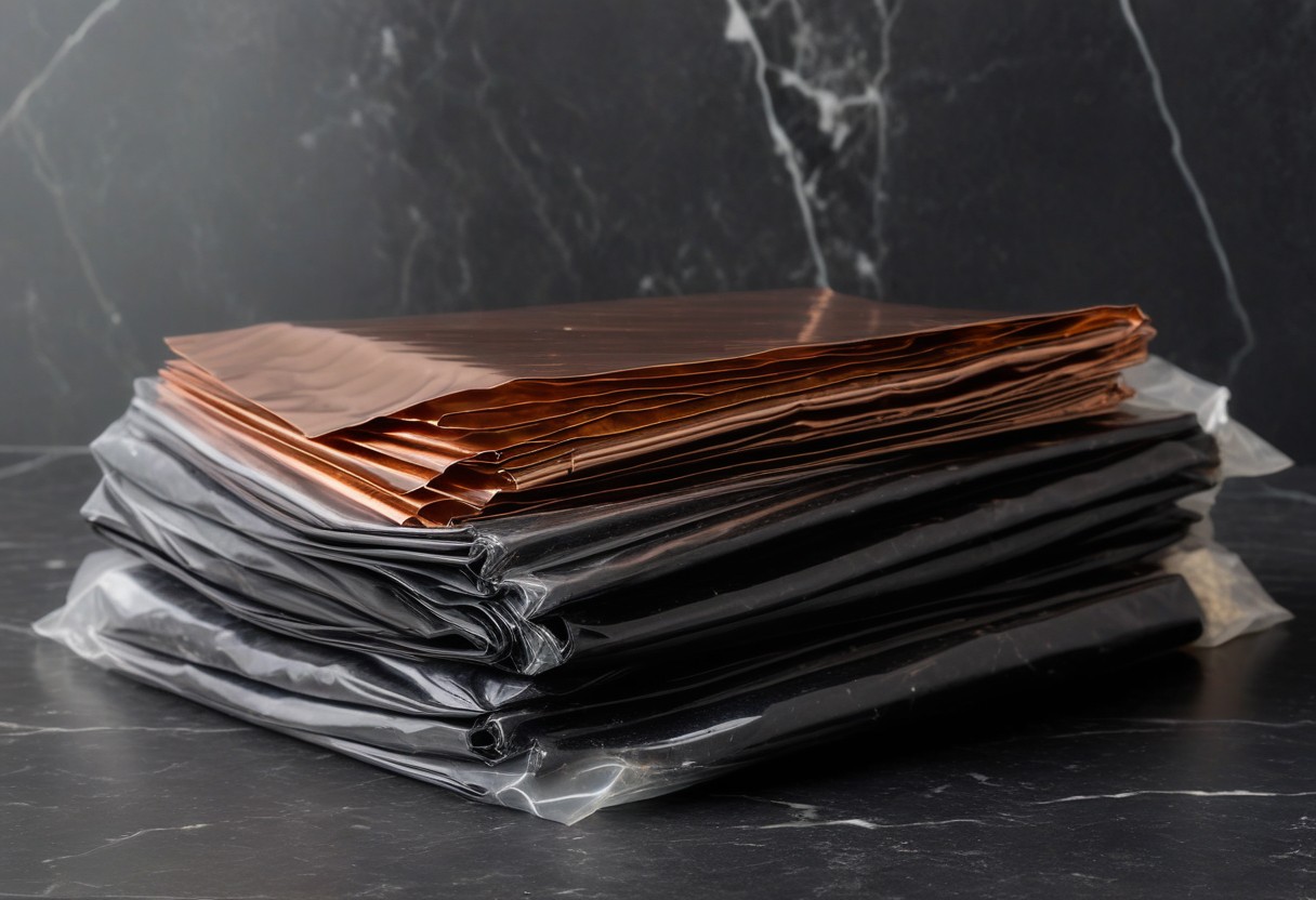 Translucent plastic sheets layered and sealed on pale marble surface, catching light with visible crimped edges.