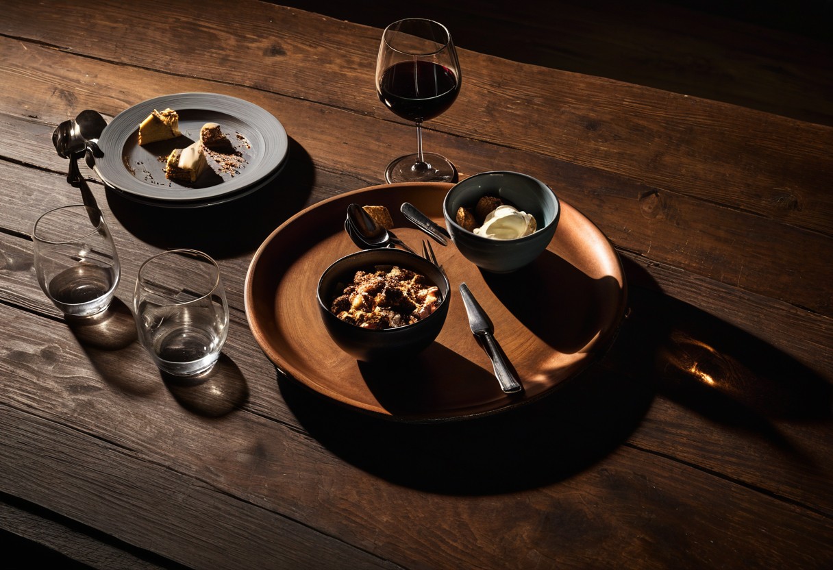 Empty wine glasses and dessert plates arranged on a round wooden table under warm overhead lighting.
