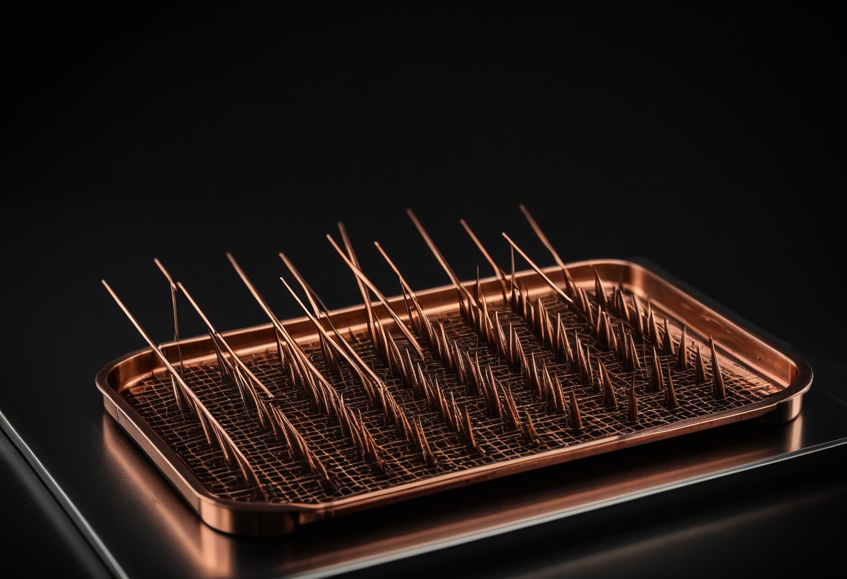Sterile needles arranged in geometric rows on a steel medical tray, with amber light reflecting off their polished tips against dark shadows.