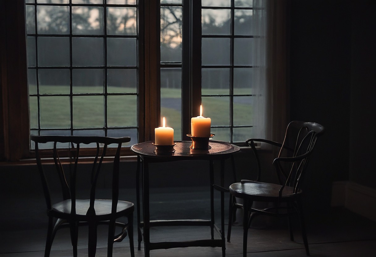 Two wooden chairs face each other across a small table with a lit candle between them, bathed in warm evening sunlight.