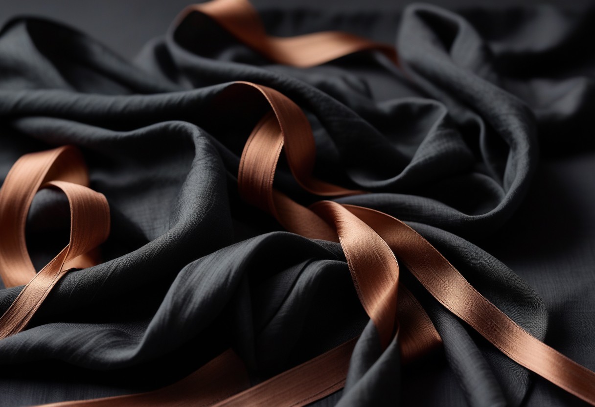 Silk ribbons in warm and cool tones loosely gathered on pale linen with light filtering through layered folds.