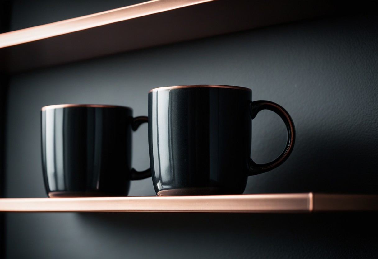 Two ceramic coffee mugs nested together on a wooden kitchen shelf, illuminated by soft morning sunlight.