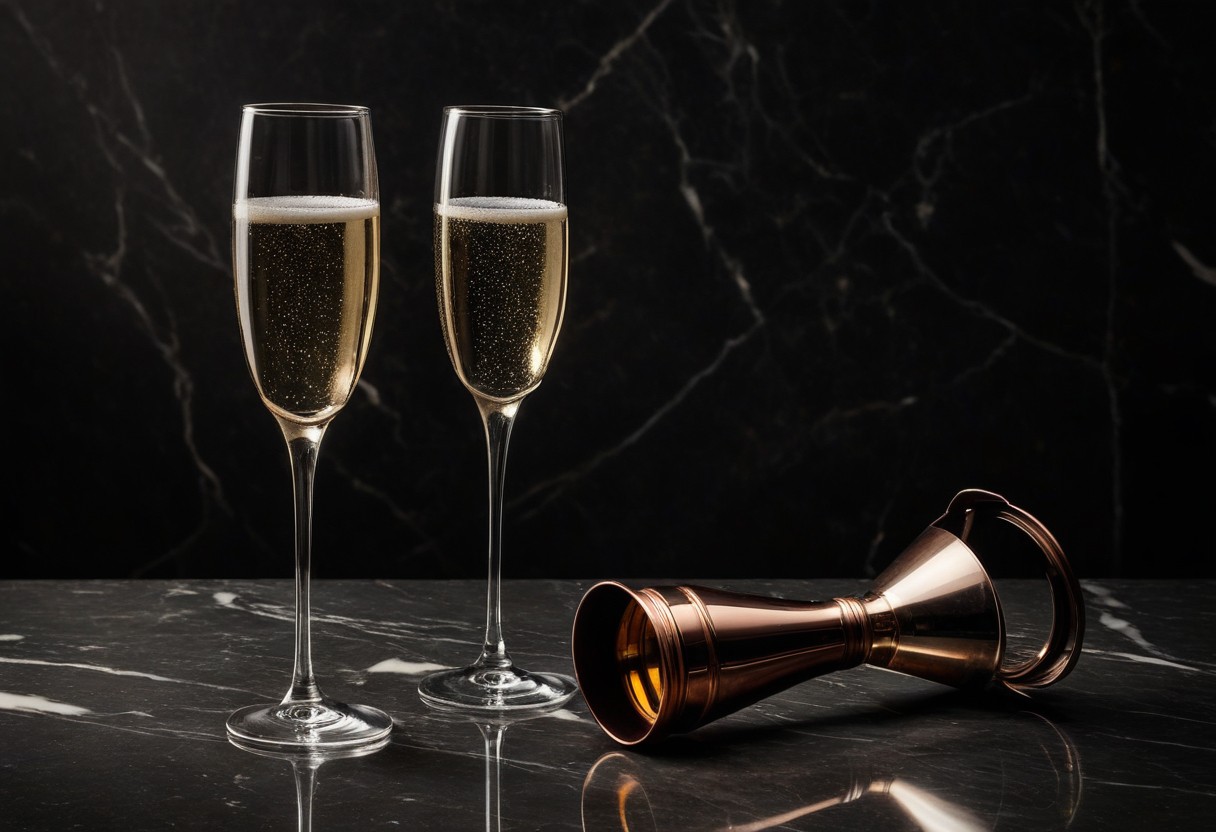 Two champagne glasses on marble surface, one upright and one overturned, divided by stark light and shadow.