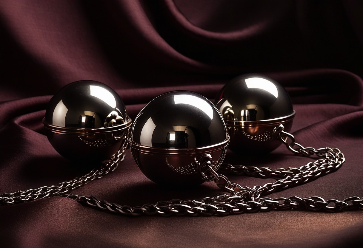 Two polished steel spheres connected by adjustable chain links rest on deep burgundy silk fabric under warm directional lighting.