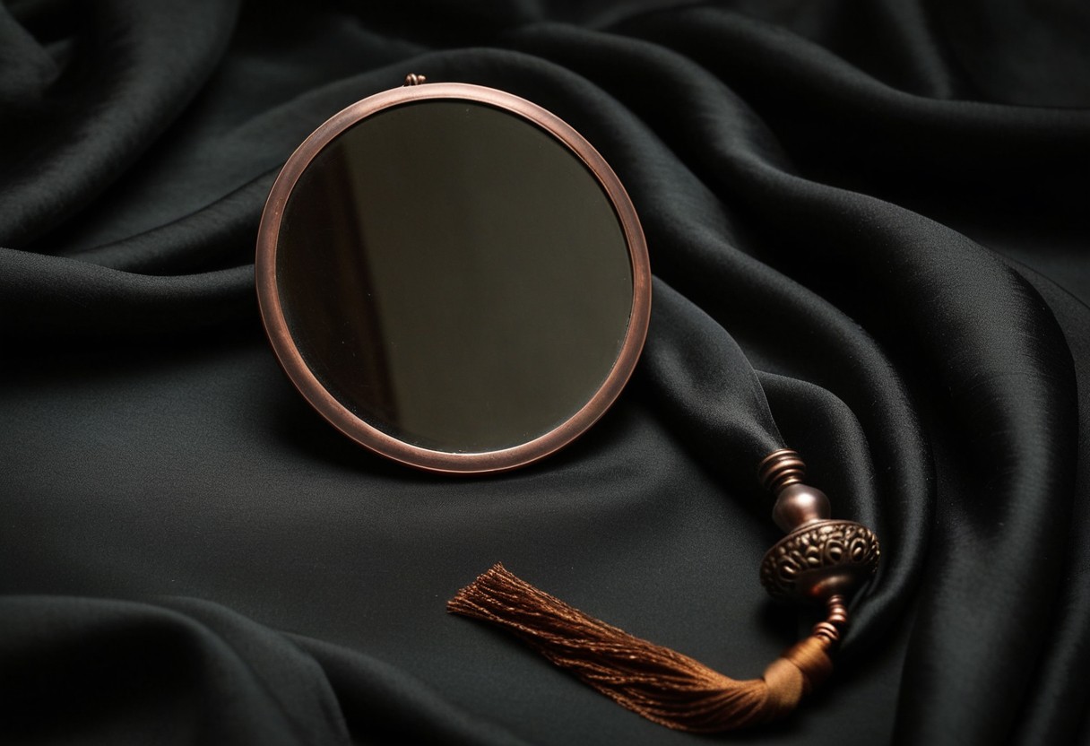 A fogged antique hand mirror face-up on dark fabric beside a length of draped silk, soft copper light, no reflection visible, lit by a single warm lamp against a dark background.