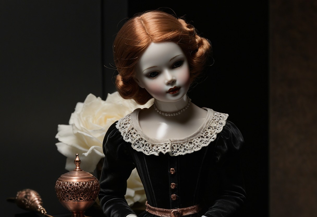 Porcelain doll with glassy eyes sits on a burgundy velvet pedestal under cool museum lighting.