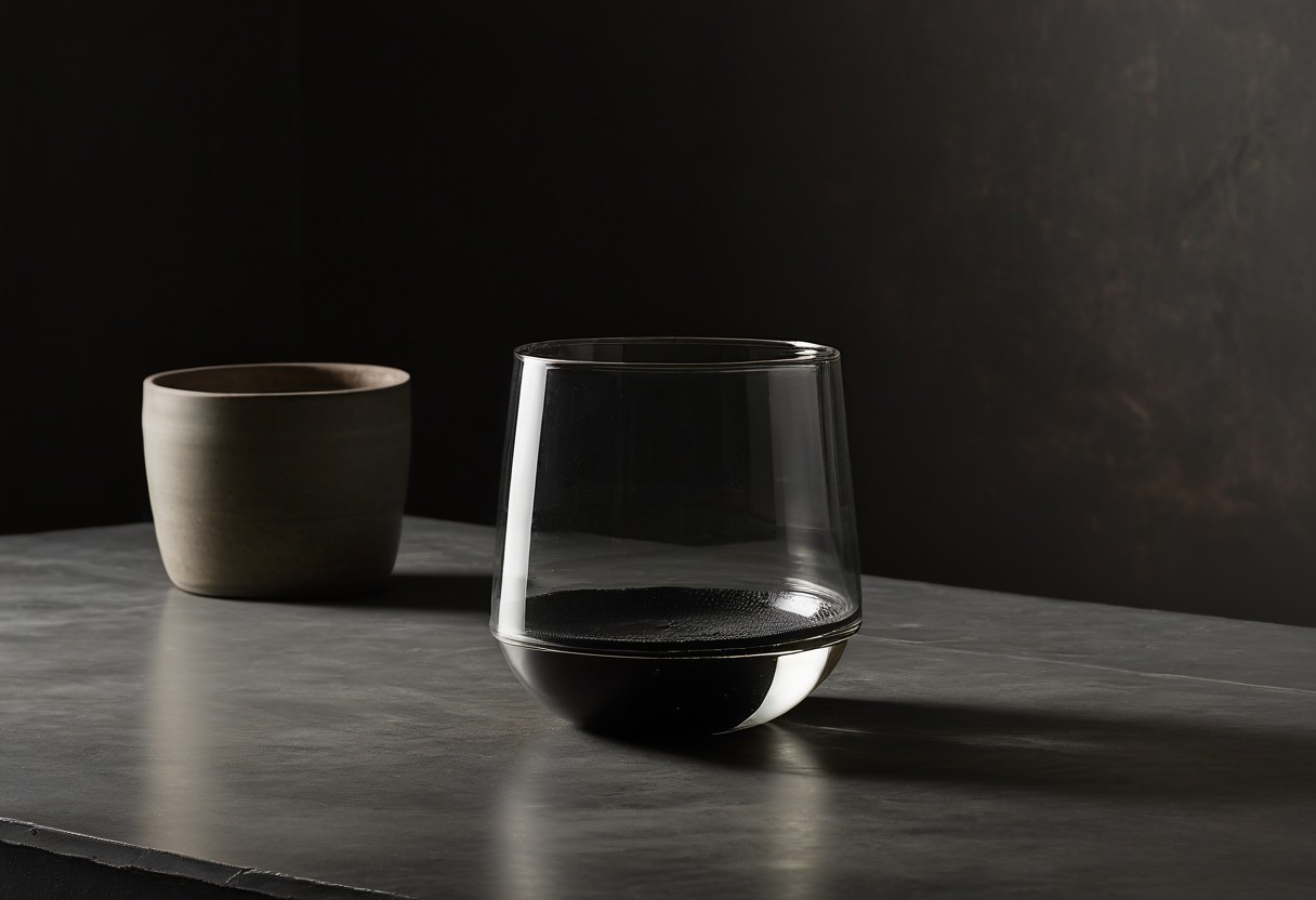 Clear glass vessel brimming with water on polished concrete surface, with sharp shadow cast by overhead lighting.