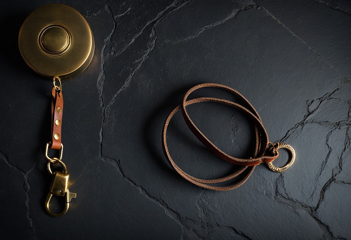 Coiled leather leash with brass ring on dark slate surface, doorway visible in soft-focused background.