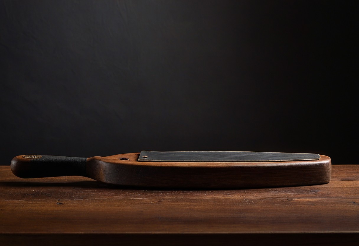 Worn wooden paddle with leather grip resting on a polished wooden bench, studio lighting, lit by a single warm lamp against a dark background.