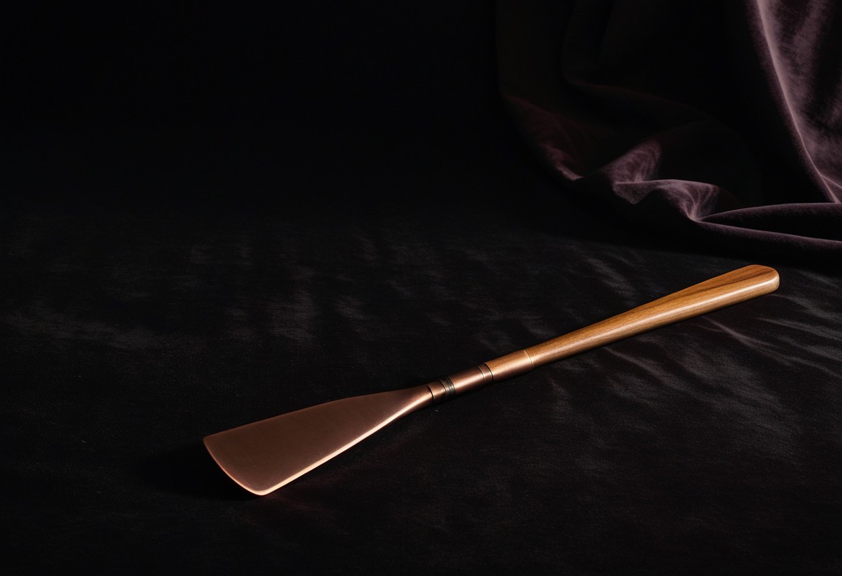 Wooden paddle rests on folded burgundy velvet with geometric shadows from late afternoon light.