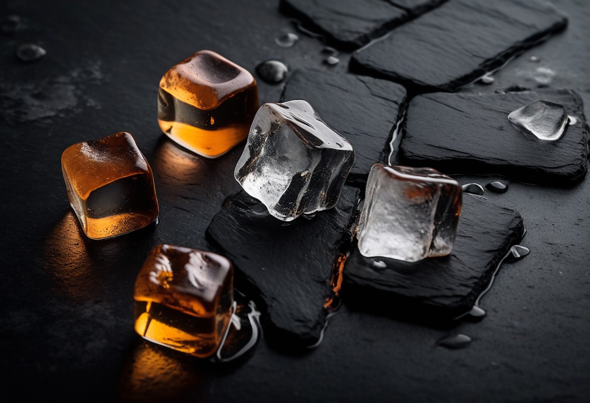 Ice cubes melting on dark slate surface with pooling water reflecting warm amber light.