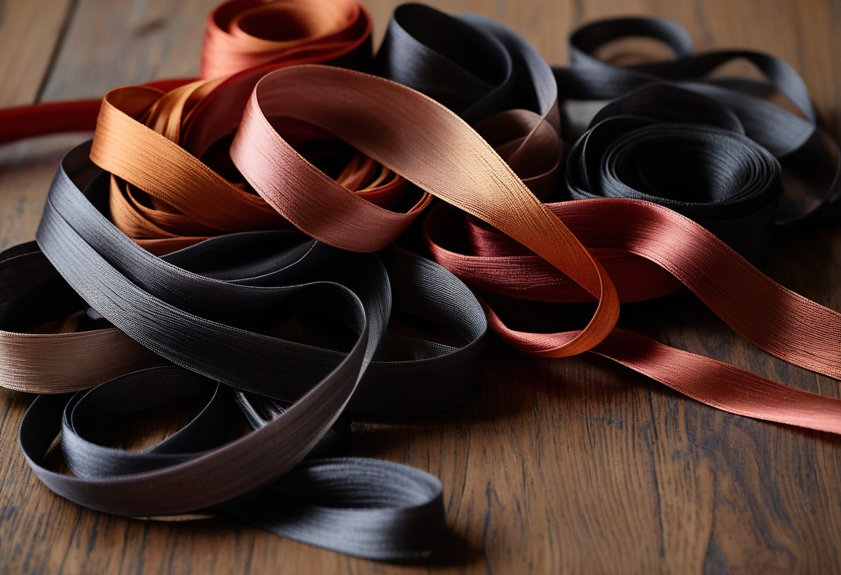 Multicolored silk ribbons loosely interwoven on pale wood with light passing through the translucent threads.