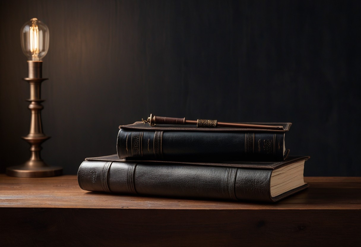 Two closed leather journals sit on opposite ends of a wooden shelf, their spines facing outward.