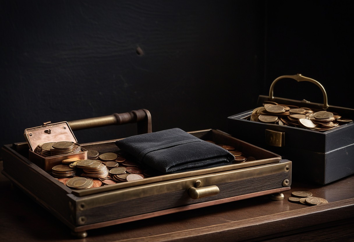 Small velvet pouch of coins sits on a brass tray beside a locked wooden cashbox.
