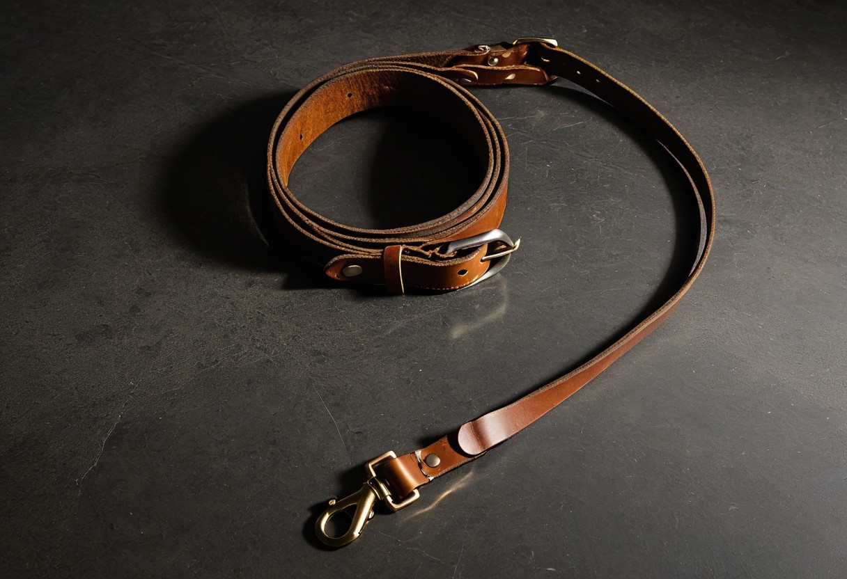 Leather collar and leash coiled on polished concrete floor beneath overhead light, casting sharp shadow.