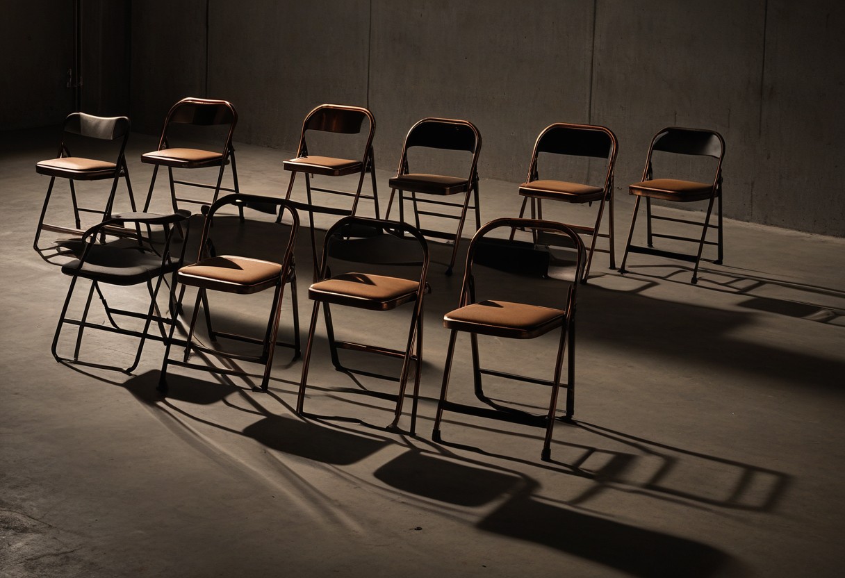 Folding chairs arranged in a circle on concrete floor with amber lighting creating long shadows between them.