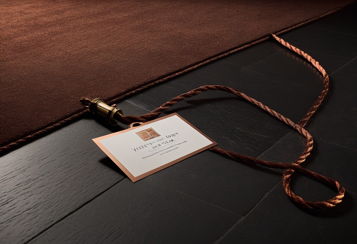 Velvet rope barrier with laminate sign card on polished floor reflecting warm amber light, empty space visible beyond.