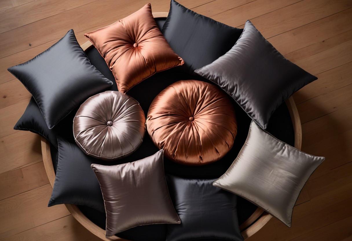 Silk pillows arranged in a circle on pale hardwood flooring with soft overlapping shadows from afternoon light.