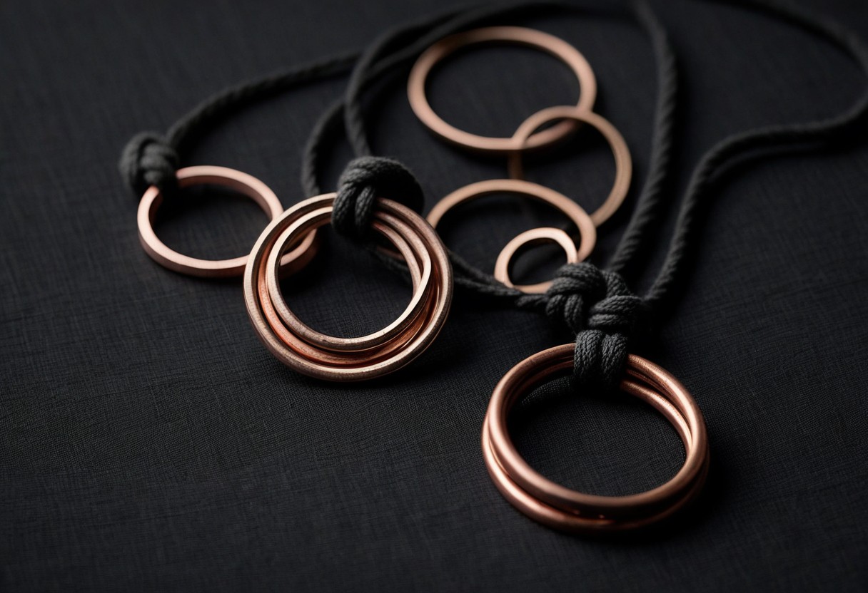 Three polished metal rings interlocked with a knotted cord on dark linen fabric.