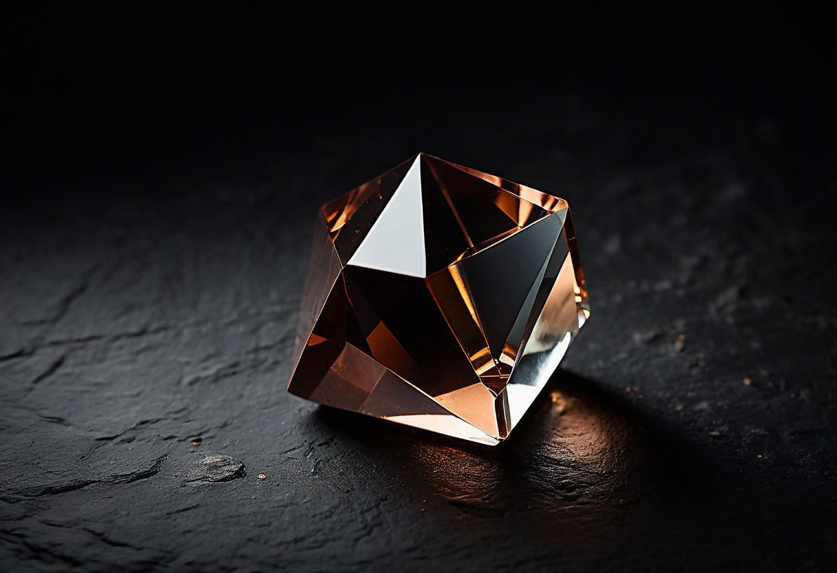 A glass prism on dark stone refracts warm light into a soft spectrum of colors across the surface.
