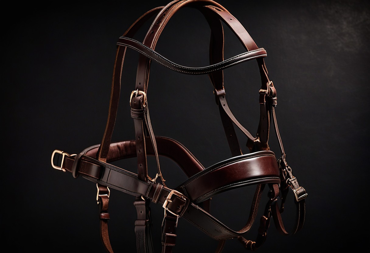 Polished leather bridle and reins coiled on dark mahogany wood with spotlight illuminating metal buckles.