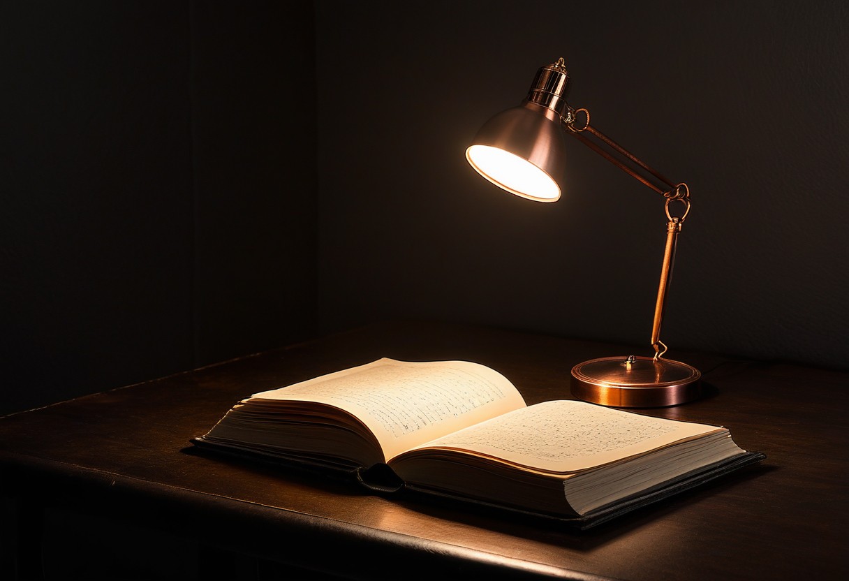 Open journal with handwritten text on cream pages, illuminated by warm light from a desk lamp positioned to the side.