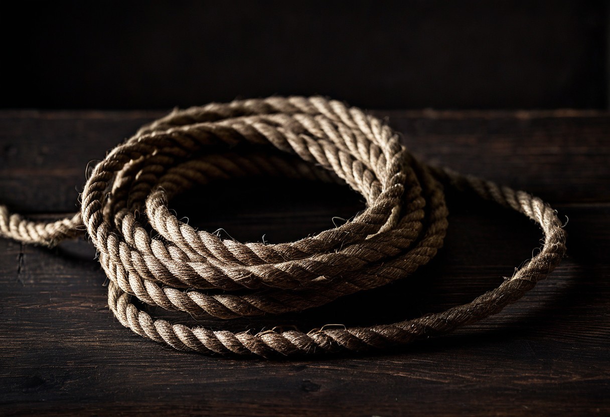 Coiled jute rope on dark wood with raking light illuminating fibers, one end trailing into shadow.