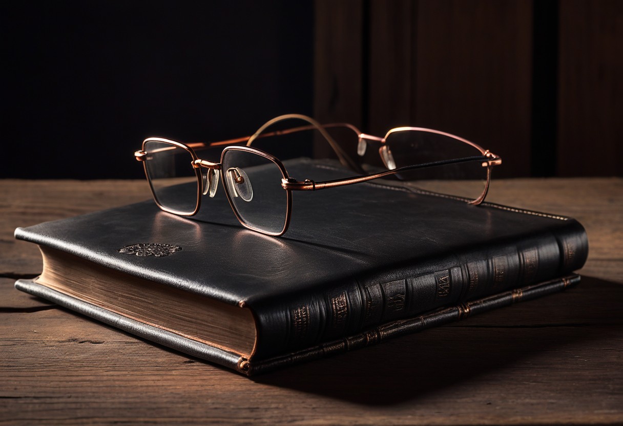 Open leather journal with blank pages, reading glasses on spine, sunlit wooden surface.
