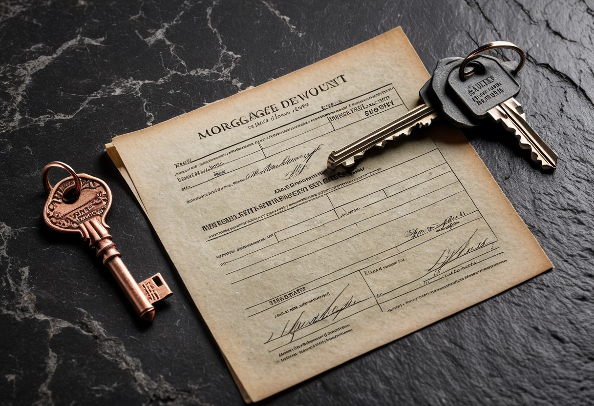 Two keys of different sizes and a folded document rest on a weathered granite surface.