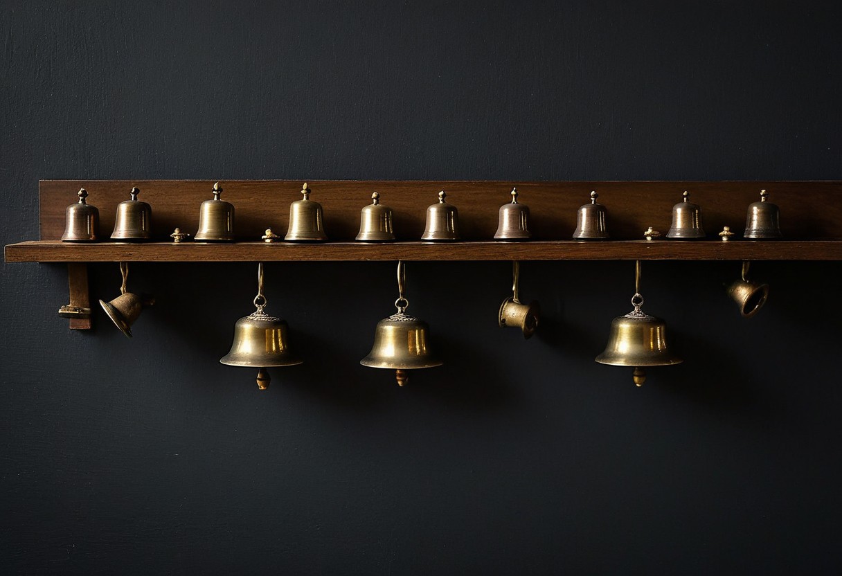 Small brass bells arranged in a precise row on a dark wooden shelf, their polished surfaces catching soft light.