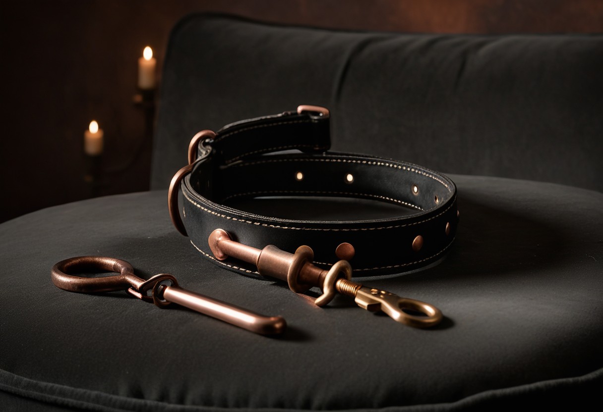Worn leather collar and leash arranged on a burgundy velvet cushion, illuminated by warm candlelight.