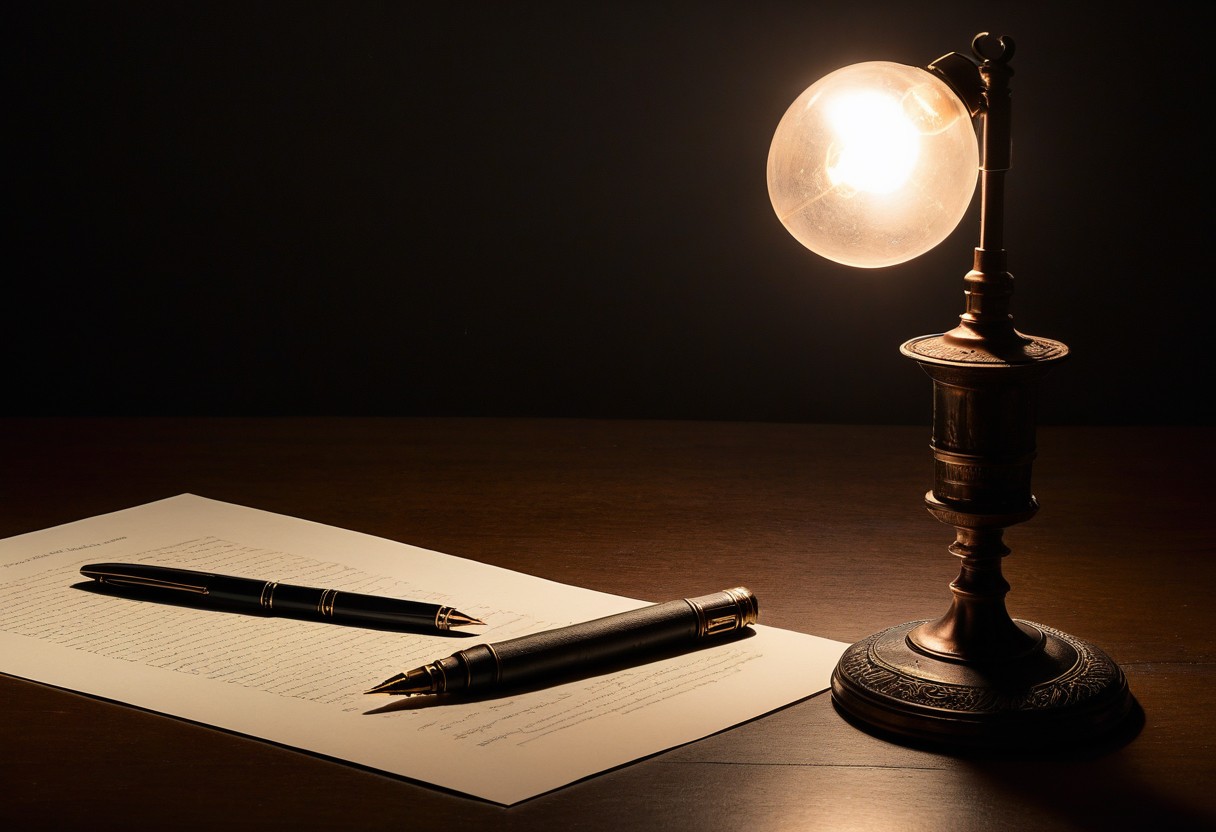 A contract on pale paper with a pen resting beside it, warm lamplight casting long shadows across the surface.