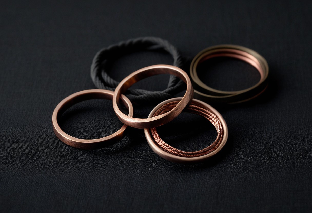 Three polished metal rings interlocked with a knotted cord on dark linen fabric.