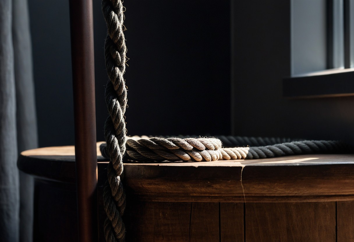 Soft rope coiled around a wooden bedpost, close detail with natural window light, lit by a single warm lamp against a dark background.