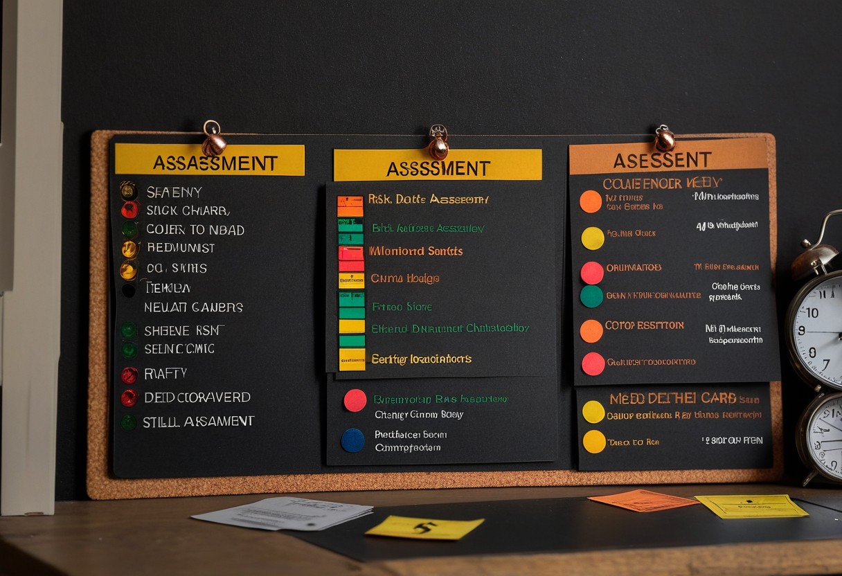 Cork board displaying a risk assessment chart, color-coded safety cards, and a timer, illuminated by natural window light.