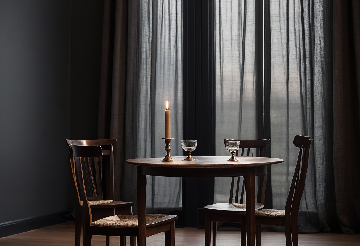 Two wooden chairs face each other across a table with an empty glass and unlit candlestick, bathed in soft afternoon light.