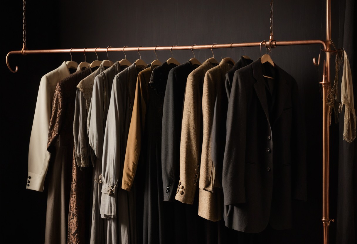 Wooden costume rack with draped period garments and empty hangers, lit by single sidelight creating dramatic shadows.