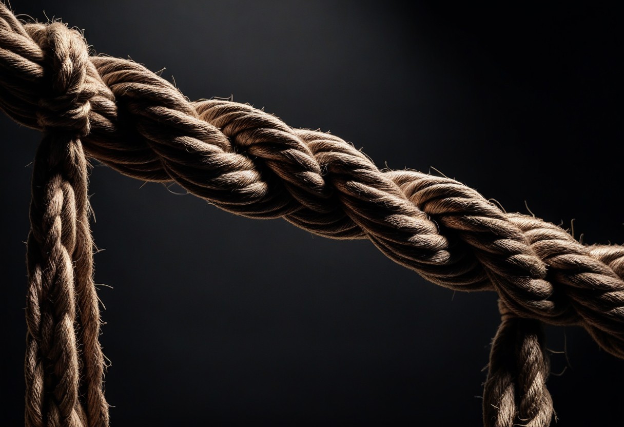 Braided jute rope with knotted sections draped across a wooden beam, one strand hanging into shadow below.