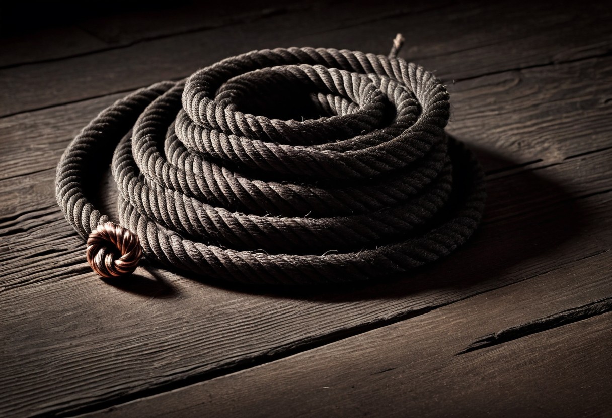 Coiled rope with an untied knot lies on weathered wood, illuminated by warm side-lighting.