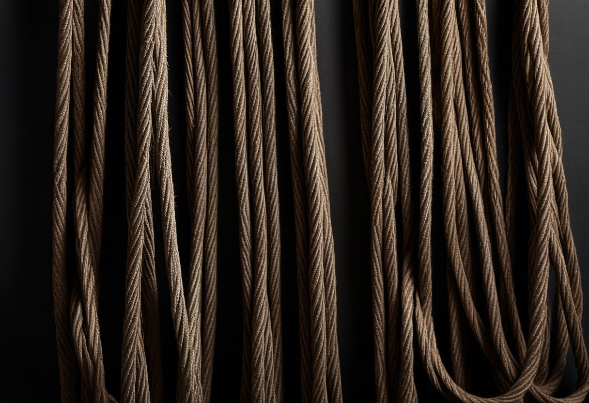 Natural rope woven in crosshatch pattern on pale canvas, lit by raking side light.