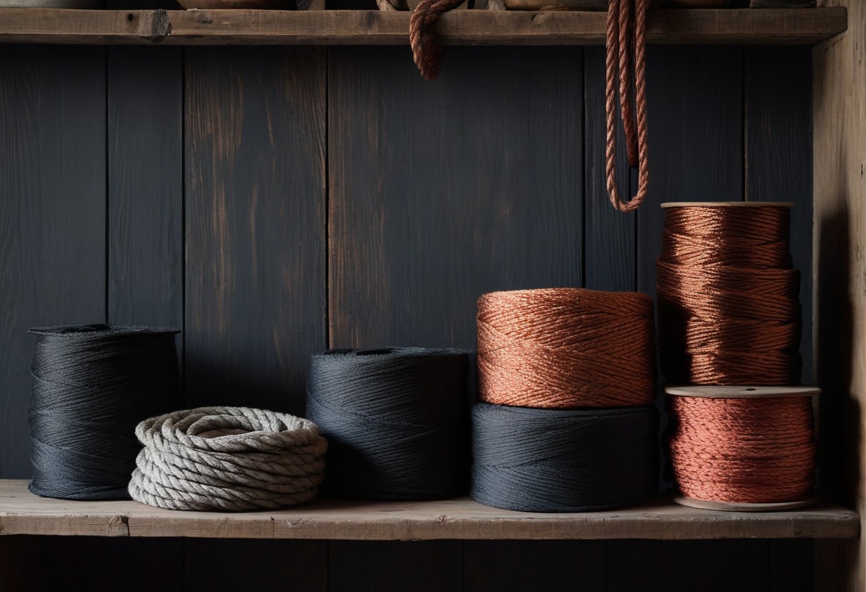 Coiled ropes in red, blue, and natural fibers arranged on wooden shelves beneath diffused window light.
