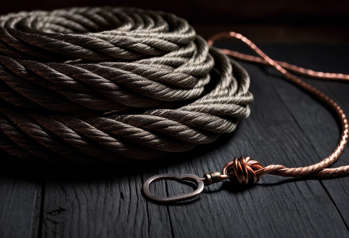 Coiled rope and knotted sections arranged in sequence on a dark wooden surface under warm overhead light.