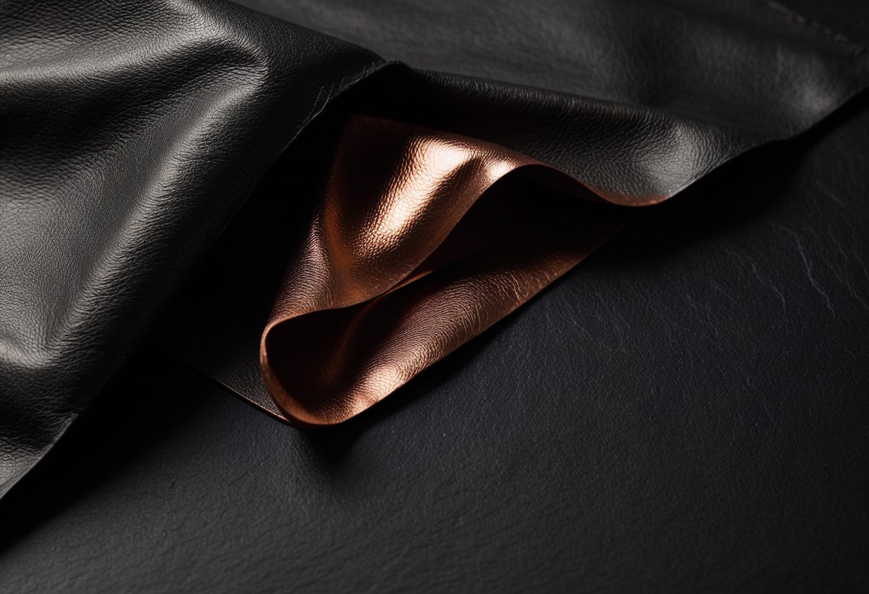 A material study of folded black latex, worn leather grain and pale silk layered on a dark surface, macro texture detail, lit by a single warm lamp against a dark background.