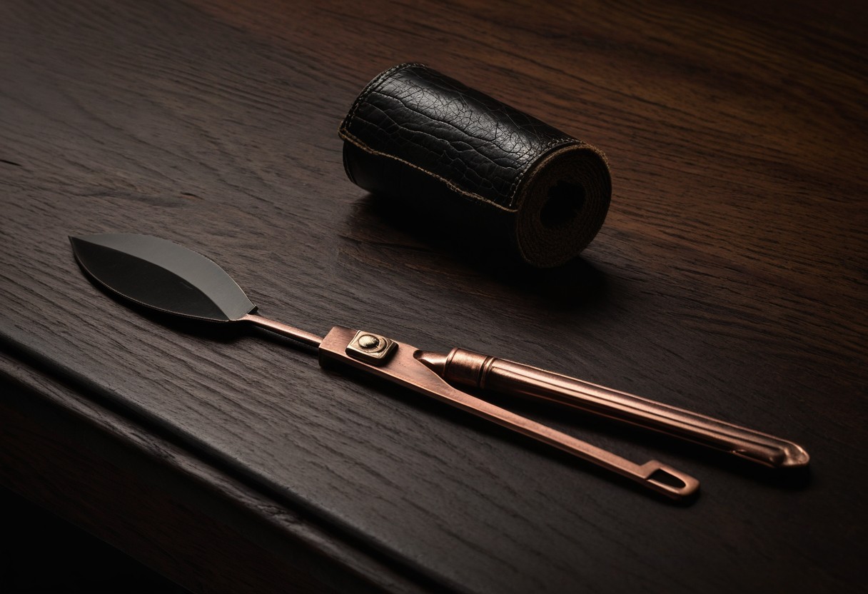 Leather crop resting diagonally across a polished dark wood surface, casting a sharp shadow.