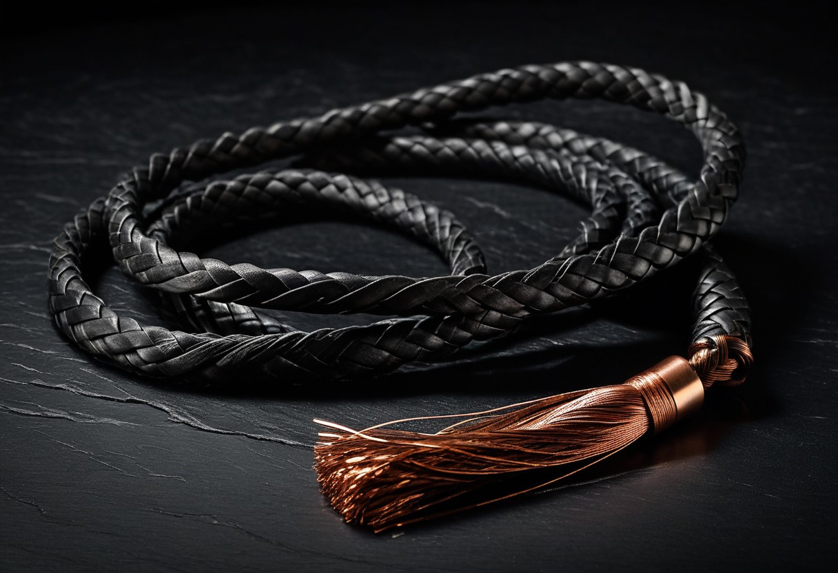 Braided leather flogger coiled on dark slate surface with separated falls, illuminated by warm directional light casting sharp shadows.