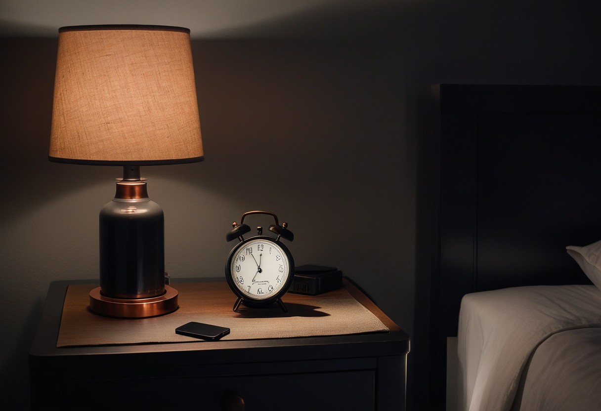 A smartphone and handwritten note displaying a time sit on a nightstand beneath warm lamplight, creating elongated shadows.