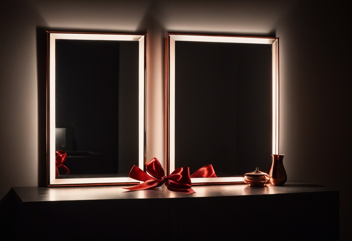 Two facing mirrors with a single red ribbon stretched horizontally between them, illuminated by warm lamplight.